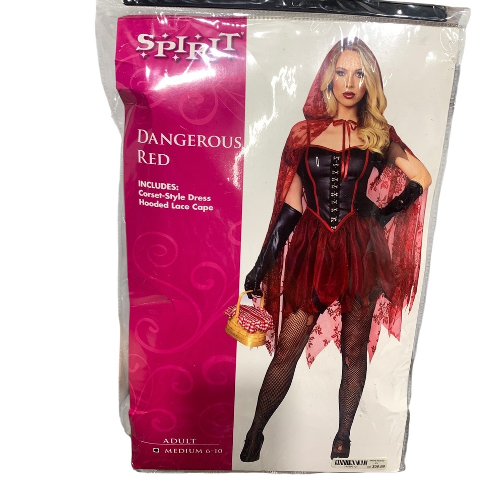 Spirit Halloween Dangerous Red Riding Hood Costume Dress Hooded Lace Cape Medium